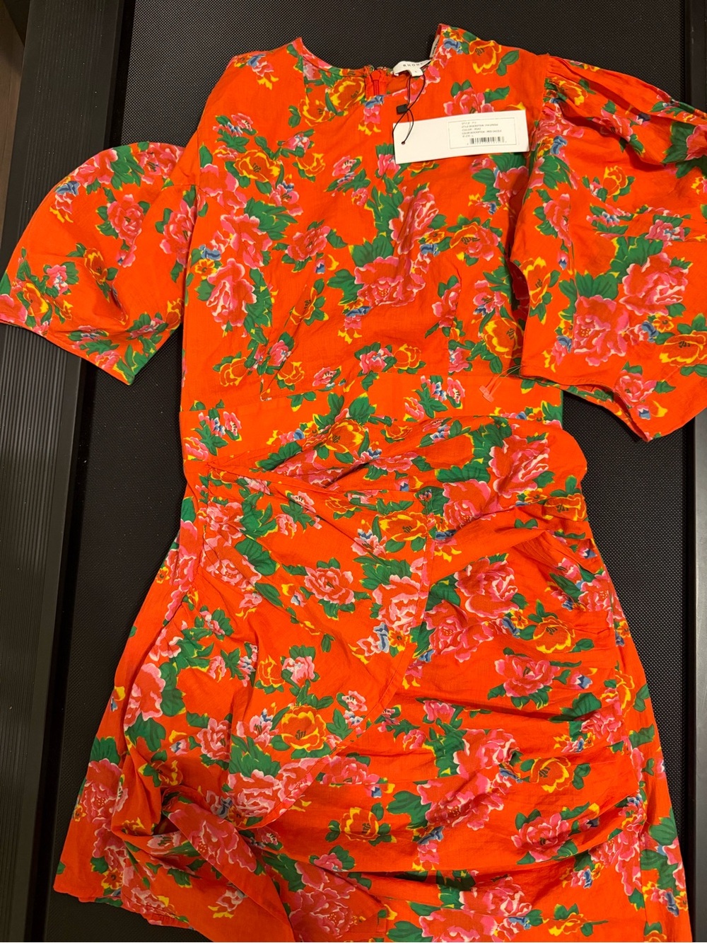 RHODE Orange Floral Ruffle Dress with Pink and Green Accents